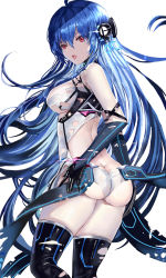 1girl absurdres age_fx ahoge ass azur_lane bare_shoulders black_gloves black_thighhighs blue_hair breasts butt_crack cleavage dress elbow_gloves feet_out_of_frame from_side gloves hair_between_eyes hands_on_own_hips headgear helena_(azur_lane) helena_(meta)_(azur_lane) highres long_hair looking_at_viewer medium_breasts official_alternate_costume open_mouth red_eyes saliva sideboob sleeveless solo standing thighhighs torn_clothes torn_dress torn_gloves torn_thighhighs very_long_hair white_background white_dress rating:Sensitive score:24 user:danbooru