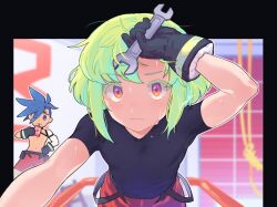  2boys alternate_costume belt black_belt black_gloves black_shirt blue_hair blush drinking galo_thymos gloves green_hair highres holding holding_wrench hot kome_1022 lio_fotia looking_at_viewer male_focus multiple_boys pants promare purple_eyes red_pants shirt short_hair solo_focus strawberry_milk sweat tight_clothes tight_shirt topless_male trap wrench  rating:General score:9 user:danbooru
