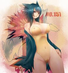  1girl black_hair breast_clinging breasts cameltoe cleavage coat covered_erect_nipples creatures_(company) game_freak gen_2_pokemon hanahasu hand_on_own_hip hip_focus huge_breasts leotard long_hair moemon nail_polish nintendo one-piece_swimsuit personification pokedex_number pokemon pokemon_(creature) red_eyes sasame821 solo strapless strapless_leotard swimsuit typhlosion uncensored  rating:Questionable score:233 user:danbooru