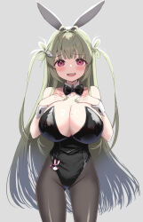  1girl :d animal_ears antenna_hair bare_shoulders black_bow black_bowtie black_leotard blush bowtie breasts brown_pantyhose collarbone detached_collar embarrassed fake_animal_ears fake_tail goddess_of_victory:_nikke green_hair green_nails hands_on_own_chest heart_antenna_hair highleg highleg_leotard huge_breasts leotard long_hair looking_at_viewer mole mole_on_breast nail_polish open_mouth pantyhose pink_eyes playboy_bunny rabbit_ears rabbit_tail smile soda_(nikke) soda_(twinkling_bunny)_(nikke) solo strapless strapless_leotard tail torinosu_afro twintails wrist_cuffs 