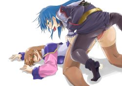  2girls blue_hair brown_hair clothed_sex cum cum_in_pussy empty_eyes fingerless_gloves futanari gloves green_eyes katatuki maria_traydor multiple_girls pantyhose rolling_eyes sex sex_from_behind simple_background sophia_esteed square_enix star_ocean star_ocean_till_the_end_of_time thighhighs tongue top-down_bottom-up 