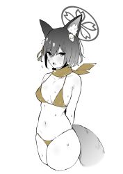  1girl absurdres animal_ear_fluff animal_ears arms_behind_back bare_arms bare_legs bare_shoulders bikini blue_archive blush breasts cowboy_shot fox_ears fox_tail halo highres izuna_(blue_archive) medium_breasts navel open_mouth scarf short_hair simple_background solo spot_color swimsuit tago_bow3 tail white_background yellow_bikini yellow_scarf 