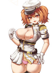  1girl :3 absurdres bad_id bad_pixiv_id belt black_thighhighs breasts cameltoe cerberus_(last_origin) covered_erect_nipples cowboy_shot epaulettes fang gloves gluteal_fold greentree hair_between_eyes hat heart heart-shaped_pupils highres jacket lactation lactation_through_clothes large_breasts last_origin looking_at_viewer loose_belt medium_hair military military_uniform mole mole_under_eye nipple_slip nipples no_pants open_mouth orange_hair panties panty_pull peaked_cap pink_panties puffy_nipples red_eyes short_sleeves solo striped_clothes striped_panties symbol-shaped_pupils thighhighs twintails underwear uniform white_background white_gloves white_jacket  rating:Questionable score:39 user:danbooru