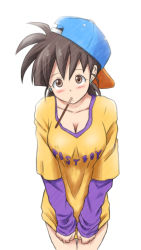 1girl bad_id bad_pixiv_id bent_over borrowed_clothes breasts brown_eyes brown_hair cleavage collarbone covering_privates covering_crotch dragon_ball dragonball_z earrings food genderswap genderswap_(mtf) hat jewelry large_breasts mouth_hold mugensuima pocky shirt_tug sideways_hat solo son_gohan rating:Sensitive score:24 user:danbooru