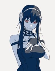  1girl ayamame bare_shoulders black_dress black_hair breasts cleavage dress fingerless_gloves flower_hairband gloves hair_between_eyes hair_ornament hairband hands_on_own_chest highres jewelry large_breasts long_hair looking_at_viewer red_eyes shadow sidelocks simple_background sketch smile solo spy_x_family white_background white_hairband yor_briar 