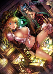  +_+ 2girls :d arm_support blonde_hair blue_eyes blue_hair blush boots breasts claws cleavage curvy dragon_girl dutch_angle elbow_gloves floating front-tie_top gem glint gloves gold green_eyes hat highres horns jewelry kara_(color) large_breasts lingerie looking_at_viewer microskirt midriff mini_person minigirl miniskirt monster monster_girl multiple_girls navel no_bra open_clothes open_mouth open_shirt original panties pointy_ears shiny_skin shirt sitting skirt smile tail tied_shirt treasure underwear whip wings  rating:Questionable score:146 user:danbooru