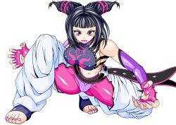  1girl :d black_hair cameltoe elbow_gloves female_focus fingerless_gloves gloves han_juri highres looking_at_viewer midriff nail_polish open_mouth purple_eyes purple_nails shiny_clothes smile solo spread_legs squatting street_fighter street_fighter_iv_(series) toenail_polish toenails toes  rating:Questionable score:9 user:wailen