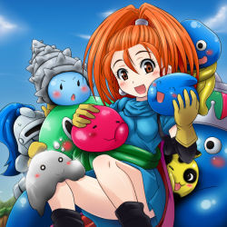 +_+ 1girl :&lt; :3 :d :o ^_^ armor barbara_(dq6) black_legwear blue_skin blush breast_press breasts cape carrying cheek-to-cheek closed_eyes cloud colored_skin crown cureslime day dragon_quest dragon_quest_vi dress earrings elbow_gloves fantasy forehead full_armor glint gloves green_skin grey_skin hair_between_eyes hand_on_head happy heads_together healslime helmet high_ponytail hug jewelry king_slime_(dragon_quest) liquid_metal_slime liquid_metal_slime_(dq) long_hair looking_at_viewer loose_socks mameshiba_(pixiv_59310) marine_slime monster mottle_slime o_o open_mouth orange_eyes orange_hair outdoors ponytail red_skin shell short_dress shoulder_carry sitting sky slime_(dragon_quest) slime_knight small_breasts smile socks strap tentacles yellow_skin