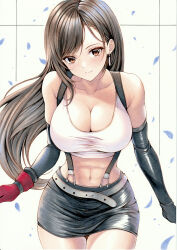  1girl bare_shoulders black_gloves black_skirt breasts brown_hair cleavage closed_mouth collarbone commentary cowboy_shot crop_top earrings elbow_gloves final_fantasy final_fantasy_vii gloves hair_between_eyes highres jewelry large_breasts leaning_forward light_blush long_hair looking_at_viewer midriff navel pencil_skirt red_eyes red_gloves shirt sidelocks skirt smile solo standing suspender_skirt suspenders swept_bangs tank_top taut_clothes taut_shirt teardrop_earrings tifa_lockhart toned traditional_media white_tank_top yosaku_vs_hina 
