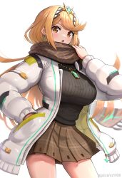  1girl :o alternate_costume black_sweater blonde_hair blush breasts brown_eyes brown_scarf brown_skirt coat commentary cowboy_shot earrings gonzarez highres impossible_clothes impossible_sweater jewelry large_breasts long_hair long_sleeves looking_at_viewer miniskirt mythra_(xenoblade) open_clothes open_coat open_mouth plaid plaid_skirt pleated_skirt scarf simple_background skirt solo sweater swept_bangs tiara twitter_username v-shaped_eyebrows very_long_hair white_background white_coat xenoblade_chronicles_(series) xenoblade_chronicles_2  rating:General score:19 user:akenatorx
