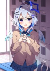  1girl ahoge alternate_costume amane_kanata angel angel_wings asymmetrical_hair bag bear_hair_ornament blue_hair blue_halo blue_nails blue_skirt blue_wings blush brown_cardigan cardigan collared_shirt colored_inner_hair commentary cowboy_shot feathered_wings fragir getabako gradient_wings grey_hair hair_between_eyes hair_ornament hairclip halo hands_up highres hololive indoors interlocked_fingers light_particles long_sleeves medium_hair miniskirt multicolored_hair multicolored_wings nail_polish open_mouth own_hands_together pink_hair plaid plaid_skirt pleated_skirt purple_eyes school_bag school_uniform shirt single_hair_intake skirt small_sweatdrop solo standing star_halo straight-on streaked_hair sunlight virtual_youtuber white_wings wings x_hair_ornament 
