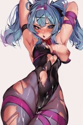  1girl absurdres animal_ears armpits arms_behind_head black_leotard blue_eyes blue_hair blush breasts clothing_cutout cum cum_on_body cum_on_breasts cum_on_upper_body cutout_above_navel facial fake_animal_ears hair_intakes hair_ornament hatsune_miku heart heart-shaped_pupils heart_cutout highres impossible_clothes impossible_leotard leotard looking_at_viewer neck_ribbon one_breast_out open_mouth pantyhose playboy_bunny rabbit_ears rabbit_hole_(vocaloid) red_ribbon ribbon solo suliavtuber symbol-shaped_pupils teardrop_facial_mark thigh_strap torn_clothes torn_leotard torn_pantyhose twintails vocaloid x_hair_ornament 