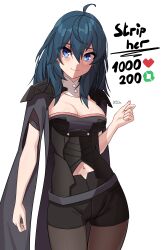  1girl absurdres black_shorts blue_eyes blue_hair breasts byleth_(female)_(fire_emblem) byleth_(fire_emblem) cleavage cloak clothing_cutout cowboy_shot fire_emblem fire_emblem:_three_houses highres looking_at_viewer medium_breasts meme navel navel_cutout nintendo pantyhose pantyhose_under_shorts short_shorts shorts simple_background solo twitter_strip_game_(meme) white_background x_xith_x 