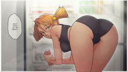  1girl alice_(everlasting_summer) ass bare_arms bare_shoulders beer_can bent_over black_panties black_shirt blush border breasts can commentary crop_top drink_can dvach-tan english_text everlasting_summer from_behind hair_ornament highres holding leonzo looking_at_viewer looking_back medium_breasts panties patreon_username red_hair refrigerator shirt smile solo speech_bubble twintails underwear watermark web_address white_border  rating:Questionable score:44 user:danbooru