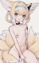  1girl :o absurdres ai-assisted animal_ear_fluff animal_ears aqua_hairband arknights black_choker blonde_hair blue_hairband blush braided_hair_rings breasts choker completely_nude dot_nose earpiece female_focus fox_ears fox_girl fox_tail green_eyes hair_rings hairband highres infection_monitor_(arknights) juejue loli looking_at_viewer material_growth multicolored_hair multiple_tails navel nipples no_pussy nude open_mouth oripathy_lesion_(arknights) small_breasts solo suzuran_(arknights) tail white_background white_hair  rating:Questionable score:84 user:danbooru