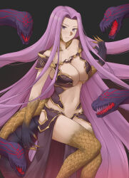 1girl breasts cleavage collarbone fate/grand_order fate_(series) gorgon_(fate) grey_eyes large_breasts legs long_hair looking_at_viewer medusa_(fate) medusa_(rider)_(fate) navel purple_hair rider sarhce scales scaly sitting snake snake_girl solo thighs very_long_hair 