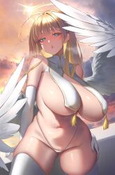 1girl angel_wings anima_(togashi) blonde_hair blue_eyes blush breast_curtains breasts curvy elbow_gloves feathered_wings gloves glowing glowing_halo halo hand_on_own_thigh highres huge_breasts legs_apart long_hair looking_at_viewer mole mole_on_breast mole_on_thigh mole_under_mouth navel original outdoors panties plump revealing_clothes solo tassel thighhighs underwear white_gloves white_panties white_thighhighs wings rating:Questionable score:51 user:danbooru
