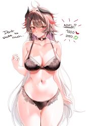  1girl absurdres antenna_hair blush bra breasts brown_hair choker collarbone colored_inner_hair cowboy_shot embarrassed english_text fifi_(vtuber) gradient_hair hand_up highres horns indie_virtual_youtuber lace lace_bra lace_panties large_breasts lingerie long_hair machulanko meme multicolored_hair navel o-ring o-ring_choker panties red_eyes second-party_source simple_background solo straight-on thigh_gap twitter_strip_game_(meme) underwear underwear_only very_long_hair virtual_youtuber white_background white_hair 