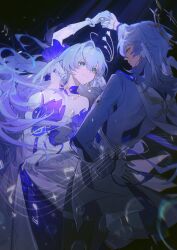  1boy 1girl absurdres aoma_(xuanzexuexi) aqua_eyes arm_up bare_shoulders bead_bracelet beads bracelet brother_and_sister closed_mouth dancing detached_sleeves dress earrings floating_hair gloves hair_between_eyes halo head_wings highres honkai:_star_rail honkai_(series) jewelry long_hair looking_at_another musical_note purple_dress robin_(honkai:_star_rail) short_sleeves siblings smile sunday_(honkai:_star_rail) two-tone_dress white_dress white_gloves white_wings wings 