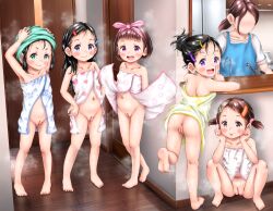 5girls :3 :d :q after_bathing age_difference ass barefoot black_hair blue_eyes blush bottomless bow brown_hair cleft_of_venus collarbone decensored drying drying_hair fat_mons feet female_focus flat_chest floral_print flower full_body green_eyes hair_bow hair_ornament hairclip hands_on_own_hips heart heart-shaped_pupils heart_print higegepon highres indoors loli looking_at_viewer mature_female mob_face multiple_girls navel no_panties open_mouth orange_eyes pink_eyes pink_hair_bow print_clothes purple_eyes pussy short_twintails smile soles squatting standing star_(symbol) star_print steam symbol-shaped_pupils tagme third-party_edit tongue tongue_out towel towel_on_head twintails uncensored wet wet_hair wooden_floor rating:Explicit score:199 user:zumi