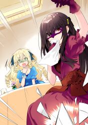  2girls absurdres black_hair blonde_hair blue_dress breasts broken_plate candle colorized covering_own_mouth date_a_live dress drill_hair drop_earrings earrings eye_mask frills gloves green_eyes handkerchief highres indoors jewelry kurumi_(user_fayr3752) long_hair multiple_girls open_mouth plate puffy_short_sleeves puffy_sleeves red_dress red_eyes red_gloves short_sleeves sukarabe_matsurika surprised table tablecloth tokisaki_kurumi 
