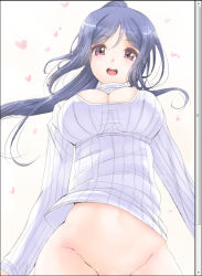  10s 1girl blue_hair blush bottomless breasts cleavage cleavage_cutout clothing_cutout fake_scrollbar frapowa from_below groin heart large_breasts long_hair long_sleeves looking_at_viewer love_live! love_live!_sunshine!! matsuura_kanan meme_attire naked_sweater no_panties open-chest_sweater open_mouth out-of-frame_censoring ponytail purple_eyes smile solo sparkle standing sweater teeth 