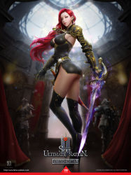  1girl armor artist_request ass belt boots breasts dress full_body high_heel_boots high_heels highres holding holding_weapon jewelry long_hair looking_at_viewer mmorpg red_hair short_dress solo standing standing_on_one_leg sword thighhighs weapon  rating:Questionable score:37 user:PantiesbooPower