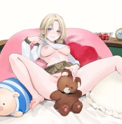 1girl bandaid bandaids_on_nipples barefoot blonde_hair blue_eyes blush breasts brown_sailor_collar brown_skirt clock clothes_lift condom condom_wrapper feet foot_out_of_frame heart heart-shaped_pillow highres legs lifting_own_clothes long_sleeves looking_at_viewer medium_breasts momokan_(kandume200) nipples no_panties original pasties pillow pleated_skirt sailor_collar school_uniform serafuku skirt soles solo spread_legs stuffed_animal stuffed_toy teddy_bear toes rating:Questionable score:45 user:danbooru