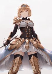 &gt;:( 1girl absurdres armor armored_boots arms_at_sides black_gloves blue_hairband bob_cut boots breasts brown_eyes brown_hair chrysaor_(granblue_fantasy) cleavage closed_mouth commentary covered_navel detached_collar djeeta_(granblue_fantasy) elbow_gloves english_commentary faulds feet_out_of_frame gloves granblue_fantasy grey_background hairband highres holding holding_sword holding_weapon legs_apart looking_at_viewer medium_breasts mengo pauldrons serious short_hair shoulder_armor simple_background skirt solo standing strapless sword thighhighs thighhighs_under_boots vambraces weapon white_skirt zettai_ryouiki rating:Sensitive score:15 user:danbooru