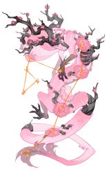  absurdres animal_focus antlers branch constellation crrn dragon eastern_dragon flower from_side full_body fur-tipped_tail halo highres horns infinity_symbol no_eyes no_humans original pink_flower ribs scales simple_background solo tail tree_horns twitter_username white_background 