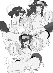  1girl animal_ears ass blue_archive blunt_bangs breasts cheerleader cleavage cleft_of_venus dog_ears dog_girl dog_tail eyewear_on_head greyscale hibiki_(blue_archive) hibiki_(cheer_squad)_(blue_archive) large_breasts millennium_cheerleader_outfit_(blue_archive) monochrome navel ofuna3 pom_pom_(cheerleading) pussy simple_background skirt spread_legs squatting sunglasses tail white_background  rating:Explicit score:25 user:danbooru