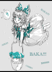  2girls bow bucket character_name circled_9 cirno commentary_request dress flying frilled_bow frilled_dress frilled_sleeves frills full_body grey_background hair_bow highres holding holding_bucket in_bucket in_container kisume looking_at_viewer majamari medium_hair multiple_girls pinafore_dress puffy_short_sleeves puffy_sleeves romaji_text short_sleeves simple_background sleeve_ribbon sleeveless sleeveless_dress spot_color touhou 