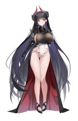  1girl absurdres alvitr_(azur_lane) arm_under_breasts azur_lane black_cape black_footwear black_gloves black_hair black_shirt blunt_bangs breasts cape commentary_request covered_navel crop_top curled_horns elbow_gloves full_body gloves hei_wuchang high_heels highleg highleg_leotard highres horns large_breasts leotard long_hair looking_at_viewer parted_lips red_eyes shirt sideboob sideboob_cutout simple_background solo standing tachi-e taut_clothes taut_shirt thighs very_long_hair waist_cape white_background white_leotard 