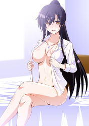 1girl bed bed_frame bed_sheet black_hair blush body_blush breasts cleavage collarbone crossed_legs dress_shirt engo_(aquawatery) feet_out_of_frame hair_between_eyes high_ponytail idolmaster idolmaster_shiny_colors indoors jewelry large_breasts long_hair long_sleeves naked_shirt navel necklace no_bra no_panties nose_blush on_bed open_clothes open_shirt parted_lips pendant ponytail shiny_skin shirase_sakuya shirt sleeves_rolled_up solo stomach thighs very_long_hair white_shirt rating:Questionable score:19 user:danbooru