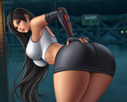  1girl artist_name ass bare_legs bent_over black_hair breasts crop_top cropped_legs deviantart_username ear_piercing female_focus final_fantasy final_fantasy_vii fingerless_gloves flowerxl from_behind gloves huge_ass large_breasts legs_together long_hair looking_at_viewer miniskirt panties panty_peek pantyshot piercing red_eyes skirt solo thick_thighs thighs tifa_lockhart tight_skirt underwear  rating:Questionable score:6 user:Patrick_PAT