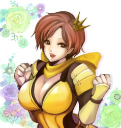  1girl breasts brown_eyes brown_hair chidorism cleavage female_focus hair_ornament large_breasts leotard nene open_mouth plant ribbon scarf sengoku_musou sengoku_musou_2 sengoku_musou_3 short_hair solo white_background yellow_ribbon 