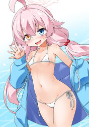 1girl adapted_costume ahoge akou_roushi bikini blue_archive blue_eyes blue_jacket blush breasts clothes_down commentary_request cowboy_shot fang gradient_background groin hair_bobbles hair_ornament halo hoshino_(blue_archive) hoshino_(swimsuit)_(blue_archive) huge_ahoge jacket long_hair long_sleeves looking_at_viewer low_twintails lowleg lowleg_bikini navel official_alternate_costume open_clothes open_jacket open_mouth orange_eyes pink_halo side-tie_bikini_bottom skin_fang small_breasts smile solo stomach sweatdrop swimsuit twintails water waving white_bikini 