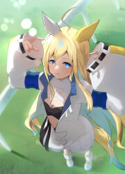  1girl absurdres ahoge animal_ears arms_up black_bra blonde_hair blue_eyes blush bra breasts character_request cleavage ear_covers highres horse_ears horse_girl horse_tail long_hair long_sleeves looking_at_viewer open_mouth outdoors overalls re_lura running_track single_ear_cover sleeves_past_wrists small_breasts smile solo tail umamusume underwear very_long_hair white_footwear white_hair white_overalls 