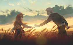  1boy 1girl :d black_shirt black_skirt brown_hair brown_jacket brown_pants cloud commentary_request craft_lawrence eye_contact facial_hair grey_hair grey_shirt highres holo jacket long_hair looking_at_another open_clothes open_jacket open_mouth outdoors pants profile red_eyes ryokucha_manma shirt skirt sky smile spice_and_wolf stubble sunset very_long_hair wheat_field  rating:General score:11 user:danbooru