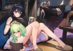  4girls absurdres alternate_costume between_legs black_hair black_thighhighs blue_eyes blush book branch breast_press breasts brown_hair ceres_fauna couch cup feet fridge gawr_gura green_hair highres hololive hololive_english hood horns large_breasts laying_on_person midorimae mole mole_under_eye multiple_girls nanashi_mumei nintendo_switch on_couch ouro_kronii pajamas pillow reading serious smile socks sweater tea thighhighs virtual_youtuber white_socks yellow_eyes  rating:Sensitive score:16 user:Miyuki_Lust