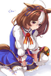  1girl @_@ ahoge animal_ears bag between_breasts blue_dress blue_ribbon bow breasts brown_hair center_frills closed_mouth collared_shirt commentary_request dress ear_ribbon frills gloves hair_between_eyes hairband hanamura_pink highres horse_ears horse_girl horse_tail large_breasts long_sleeves medium_hair meisho_doto_(umamusume) multicolored_hair purple_eyes ribbon shirt shoulder_bag simple_background sitting solo strap_between_breasts streaked_hair tail thighhighs umamusume wariza white_background white_gloves white_hair white_shirt white_thighhighs 