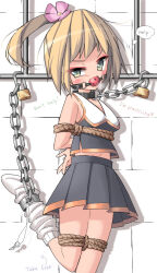  ankle_cuffs arms_behind_back artist_name artist_request bad_id bad_pixiv_id ball ball_gag bars bdsm belly blonde_hair blush bondage bound bound_ankles bound_arms bound_legs bound_thighs bound_torso bound_wrists breasts chain cheerleader collar commentary english_commentary english_text fingernails flower flower_on_head foot_up gag gagged green_eyes highres lock medium_hair navel original padlock padlocked_collar pleated_skirt ponytail predicament_bondage rope shibari shibari_over_clothes shoes skirt small_breasts socks struggling thought_bubble translated wall white_background white_socks  rating:Explicit score:20 user:Randomx13