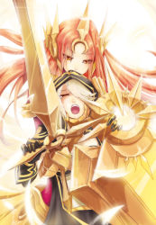  2girls armor ashe_(league_of_legends) beancurd bikini bikini_top_only brown_eyes brown_hair cloak crying ear_protection closed_eyes forehead_protector gloves highres hood league_of_legends leona_(league_of_legends) long_hair multiple_girls shield silver_hair swimsuit sword tears weapon you_gonna_get_raped  rating:Sensitive score:40 user:aeon0rain