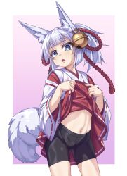 1girl animal_ear_fluff animal_ears bell bike_shorts black_shorts blue_eyes blunt_bangs border clothes_lift commentary_request cowboy_shot ear_bell earrings fox_ears fox_tail hair_ornament hakama hakama_short_skirt hakama_skirt head_tilt highres japanese_clothes jewelry jingle_bell jingle_bell_earrings kimono kuon_shiraha_(kyuutou) kyuutou_(kyuutouryuu) lifting_own_clothes light_blush lolibaba long_sleeves looking_at_viewer medium_hair miko navel open_mouth original pink_background ponytail red_hakama ribbon-trimmed_hakama rope shimenawa shorts simple_background single_earring skirt skirt_lift solo standing stomach sweatdrop tail thick_eyebrows white_border white_hair white_kimono wide_sleeves