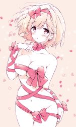  1girl akina_tsukako blonde_hair bow breasts brown_eyes cleavage collarbone covered_clitoris covered_erect_nipples cowboy_shot djeeta_(granblue_fantasy) floating_hair gift granblue_fantasy hairband highres large_breasts looking_at_viewer naked_ribbon navel nude pink_background pink_bow pink_hairband ribbon solo  rating:Questionable score:25 user:danbooru