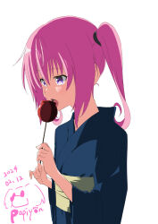  1girl blue_kimono candy_apple food highres japanese_clothes kimono medium_hair nana_asta_deviluke open_mouth papiyon1297 pink_hair purple_eyes simple_background solo to_love-ru tongue tongue_out twintails upper_body white_background 