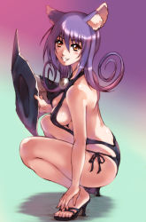  00s 1girl animal_ears blair_(soul_eater) breasts cat_ears feet hat high_heels hisahiko long_hair purple_hair shoes sideboob slingshot_swimsuit smile solo soul_eater squatting swimsuit witch_hat yellow_eyes  rating:Questionable score:101 user:danbooru