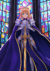 1girl absurdres aqua_eyes armor blonde_hair breastplate cape church commentary_request cross crown faulds gauntlets gold_trim greaves hands_on_hilt highres indoors knight looking_at_viewer medium_hair original pelvic_curtain planted planted_sword planted_weapon plate_armor serious shoulder_armor solo stained_glass sword weapon yuyuenimo rating:Sensitive score:10 user:danbooru