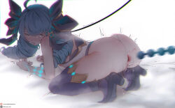 1girl absurdres after_anal all_fours anal_beads anus artist_name ass bare_arms bare_shoulders black_bow blush bow drill_hair female_ejaculation glowing_markings gwen_(league_of_legends) hair_bow high_heels highres housou-kun league_of_legends leash long_hair looking_to_the_side purple_thighhighs sex_toy sex_toy_pull shirt solo tears thighhighs tongue tongue_out twin_drills twintails white_background white_shirt rating:Explicit score:89 user:danbooru