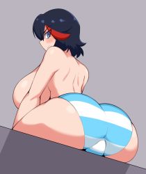 1girl absurdres ass back black_hair blue_eyes blush breasts cameltoe from_behind frown grey_background highres huge_ass huge_breasts kill_la_kill looking_back matoi_ryuuko multicolored_hair notkadraw panties red_hair short_hair sideboob sitting solo streaked_hair striped_clothes striped_panties underwear rating:Questionable score:268 user:JustHere4Butts